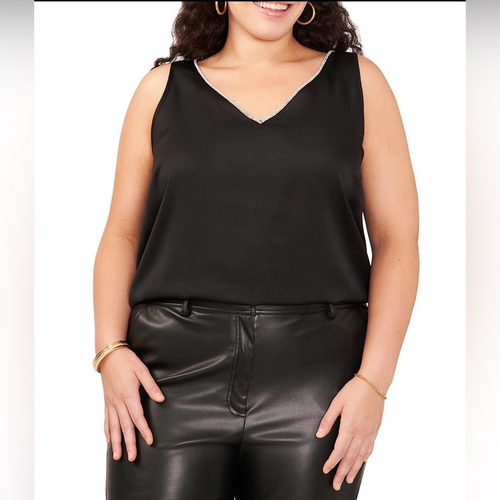 Vince Camuto Plus Size Hammered Satin V-Neck Tank Top Sleeveless Rhinestones